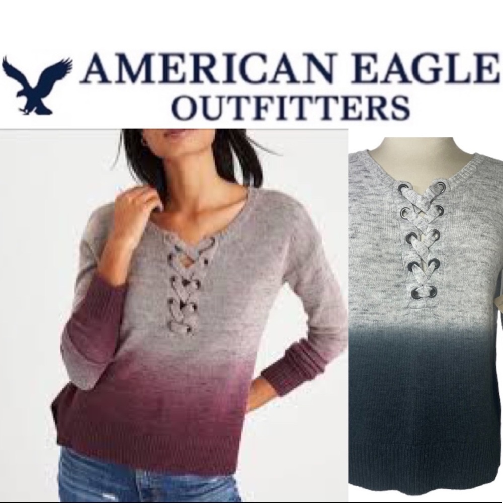 American Eagle Ombré Lace Up Tie Sweater Size XS Gray Ombré Criss Cross Sweater